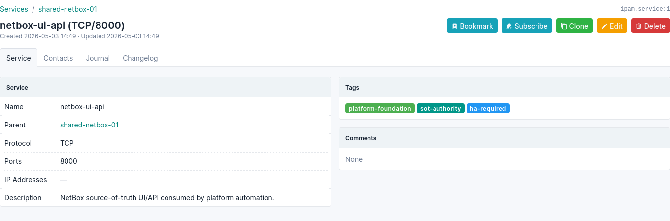 NetBox service record for the NetBox UI and API, showing parent VM, TCP port, source-of-truth description, and governance tags.