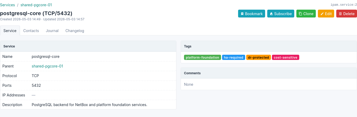 NetBox service record for PostgreSQL core, showing parent VM, TCP port, platform foundation description, and governance tags.