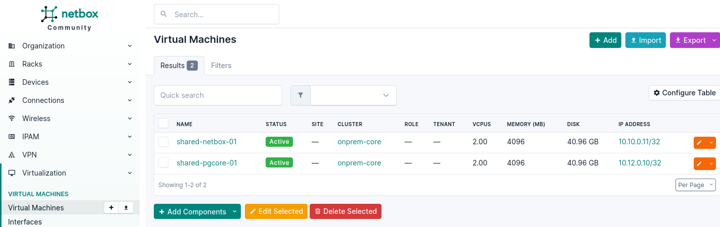 NetBox VM inventory showing foundation virtual machines, IP addresses, cluster assignment, and status.